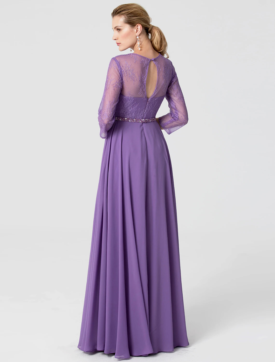 Luolandi A-Line Elegant Holiday Cocktail Party Formal Evening Dress V Neck 3/4 Length Sleeve Floor Length Chiffon Lace with Sash / Ribbon Beading